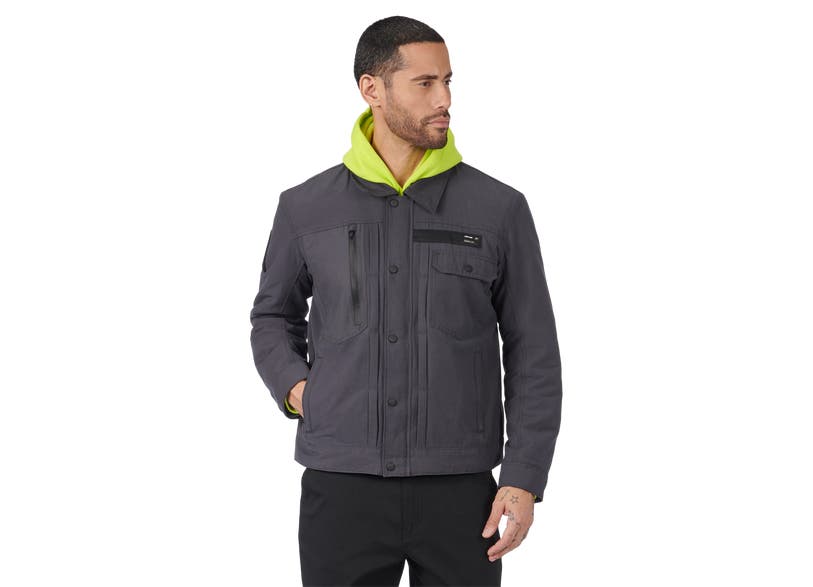 Can-Am On-Road men's Veda Chore Customizable Jacket in grey with green hood, front view