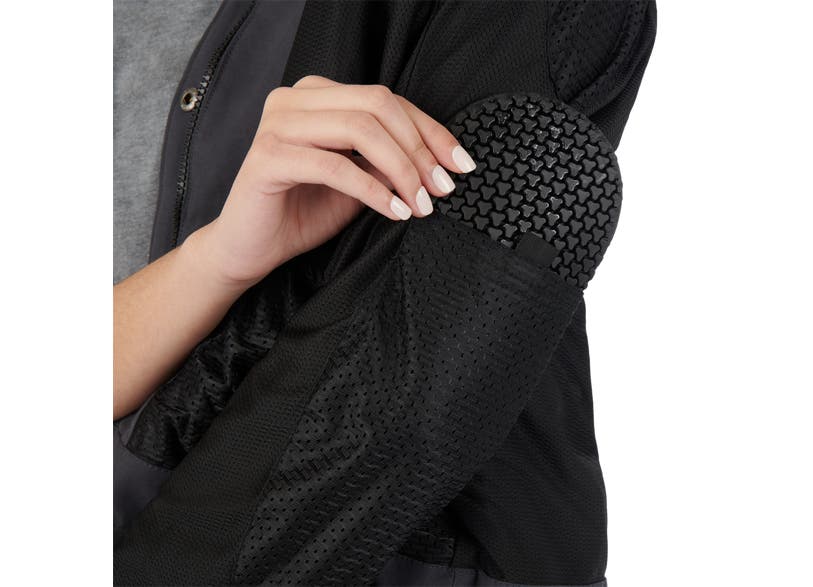Close-up elbow armor on Can-Am Lipa women's customizable riding jacket CE/UKCA rated