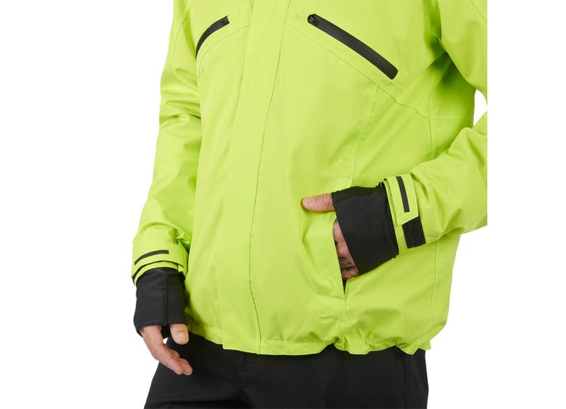 Can-Am Seil packable jacket hi-vis yellow closeup zippered pockets and cuff detail