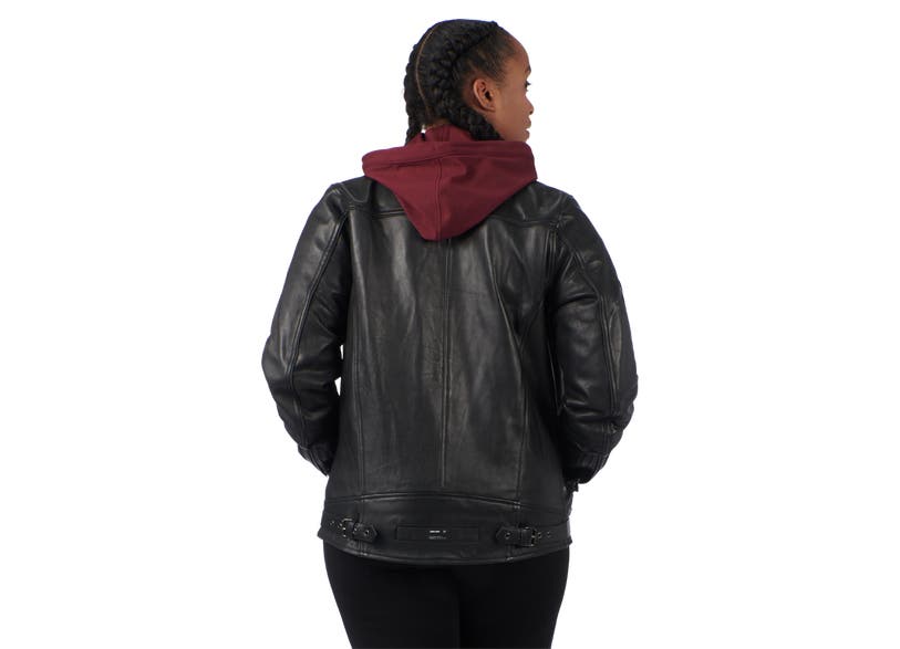 Can-Am Vick women's black leather jacket rear view with removable burgundy hood