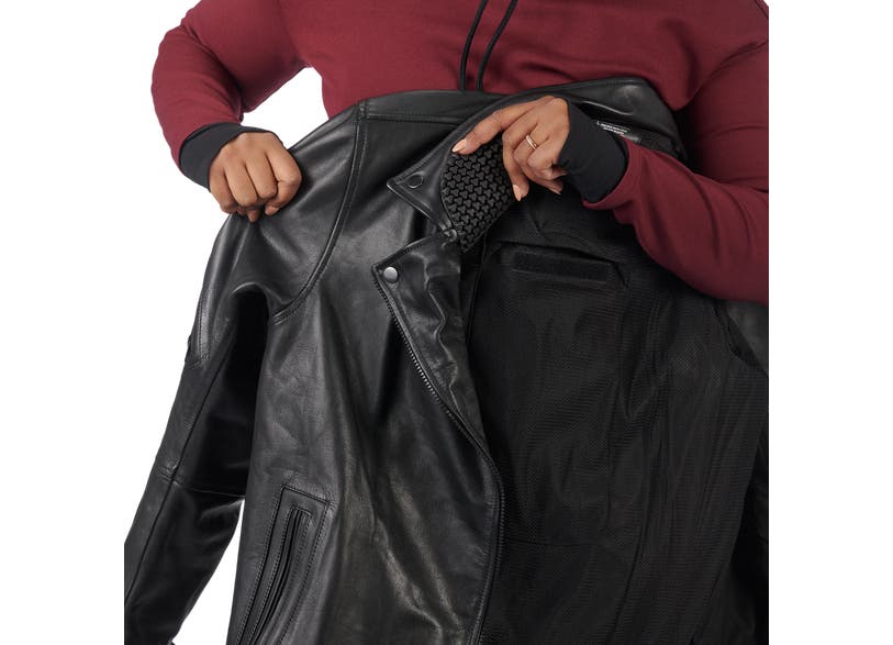 Can-Am Vick women's black leather motorcycle jacket showing mesh lining and CE armor pocket detail