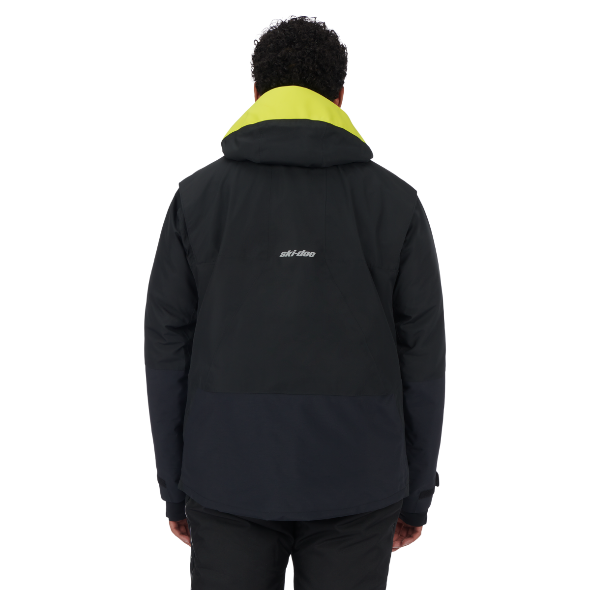 Rider wearing the Ski-Doo Men's Vasa+ Jacket in Black, back