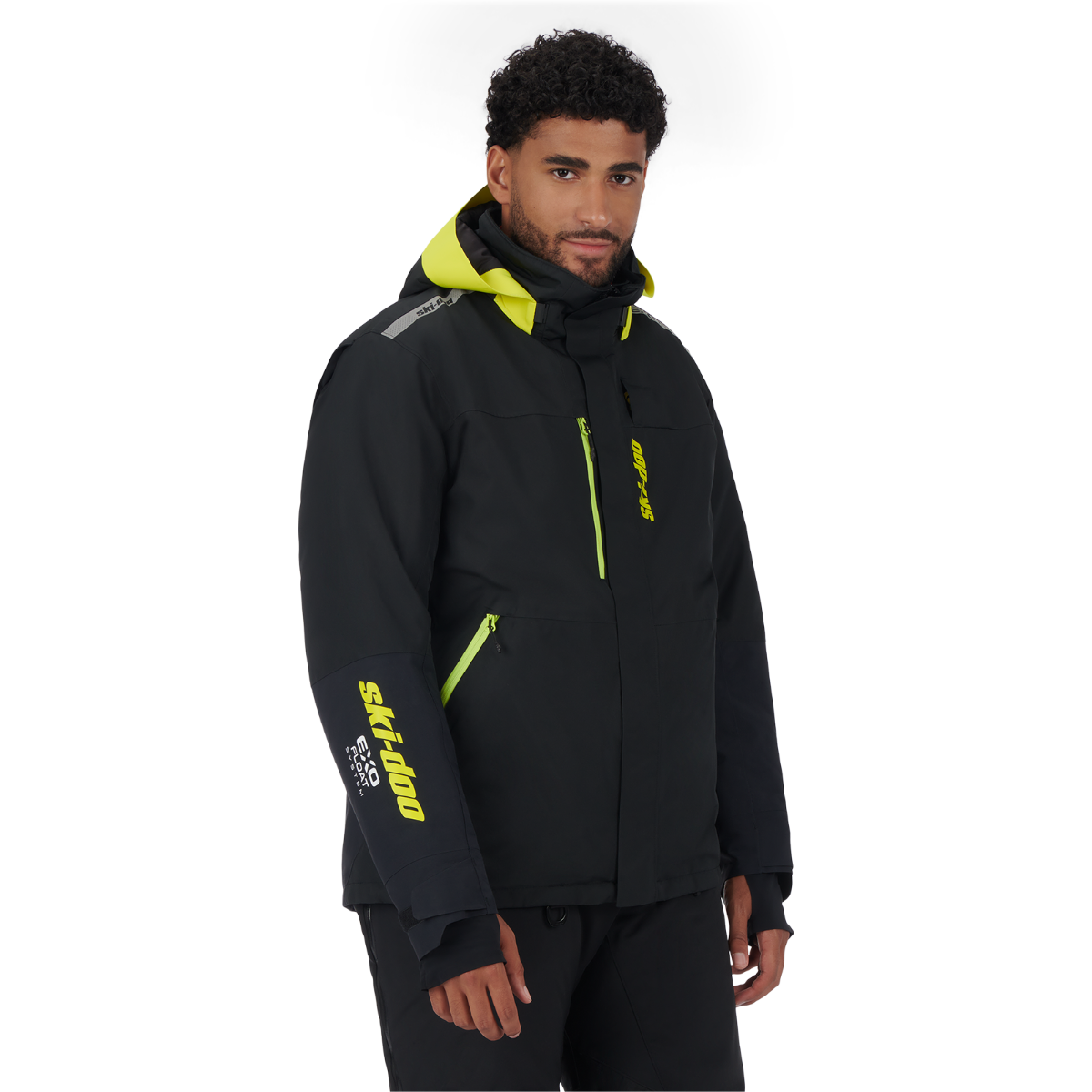 Rider wearing the Ski-Doo Men's Vasa+ Jacket in Black, side view