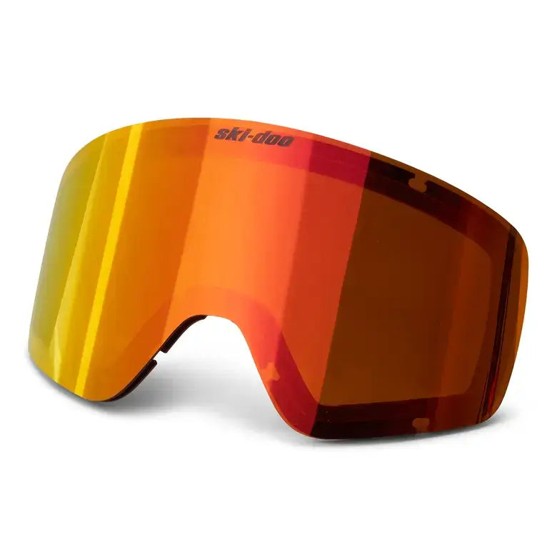 Ski-doo goggles with orange and yellow lens on a white background