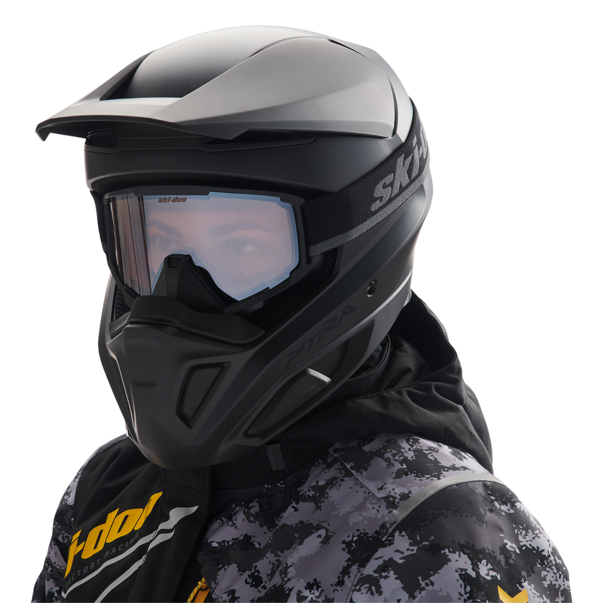Rider wearing the Ski-Doo Trench UV Goggles in Black, 4487230090