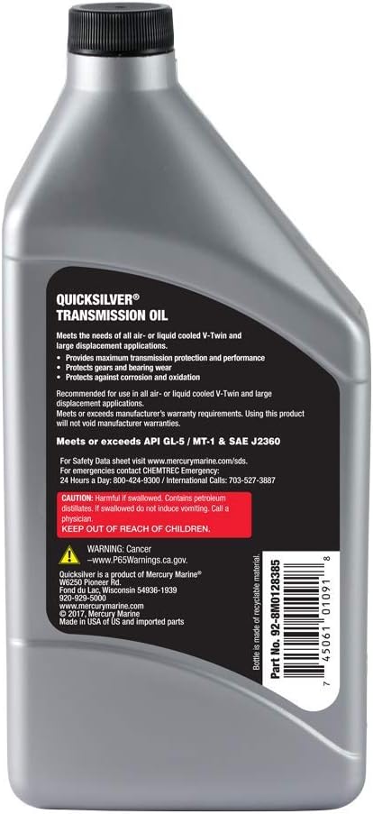 Quicksilver 8M0128385 85W-140 Motorcycle Transmission Oil, 1 Quart