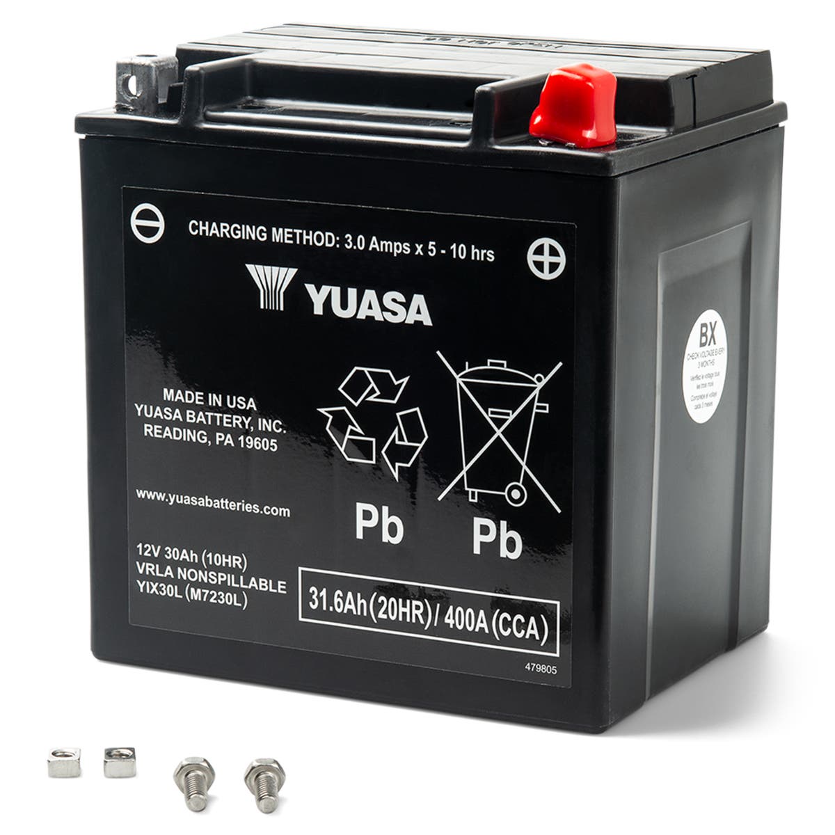 Yuasa YIX30L 12V 30Ah AGM battery with terminal bolts and nuts