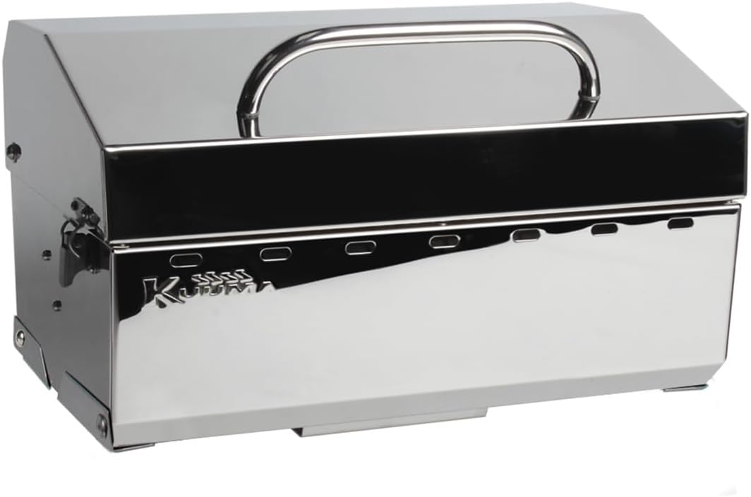 Kuuma Stow N' Go 125 stainless steel portable gas grill closed with carry handle, 58146