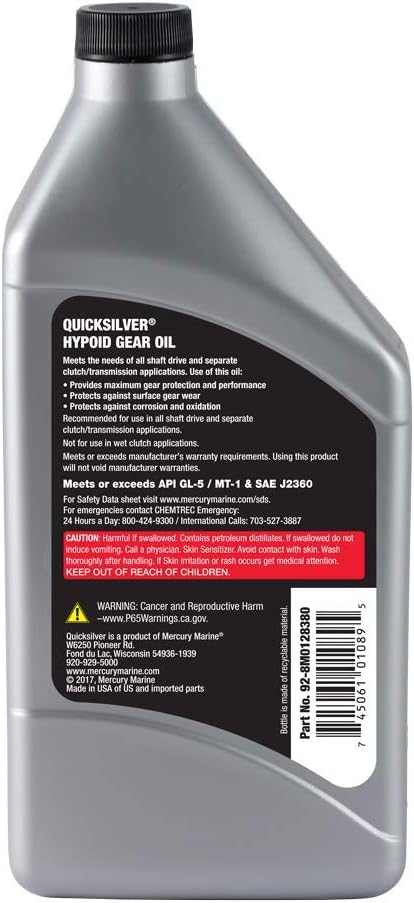 Quicksilver 8M0128380 80W-90 Motorcycle Hypoid Gear Oil, 1 Quart