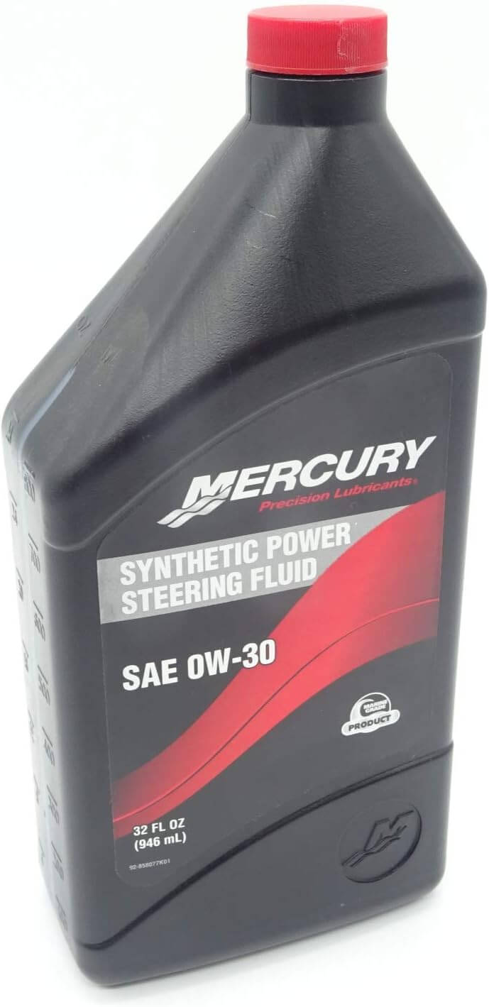 Mercury synthetic power steering fluid bottle on a white background