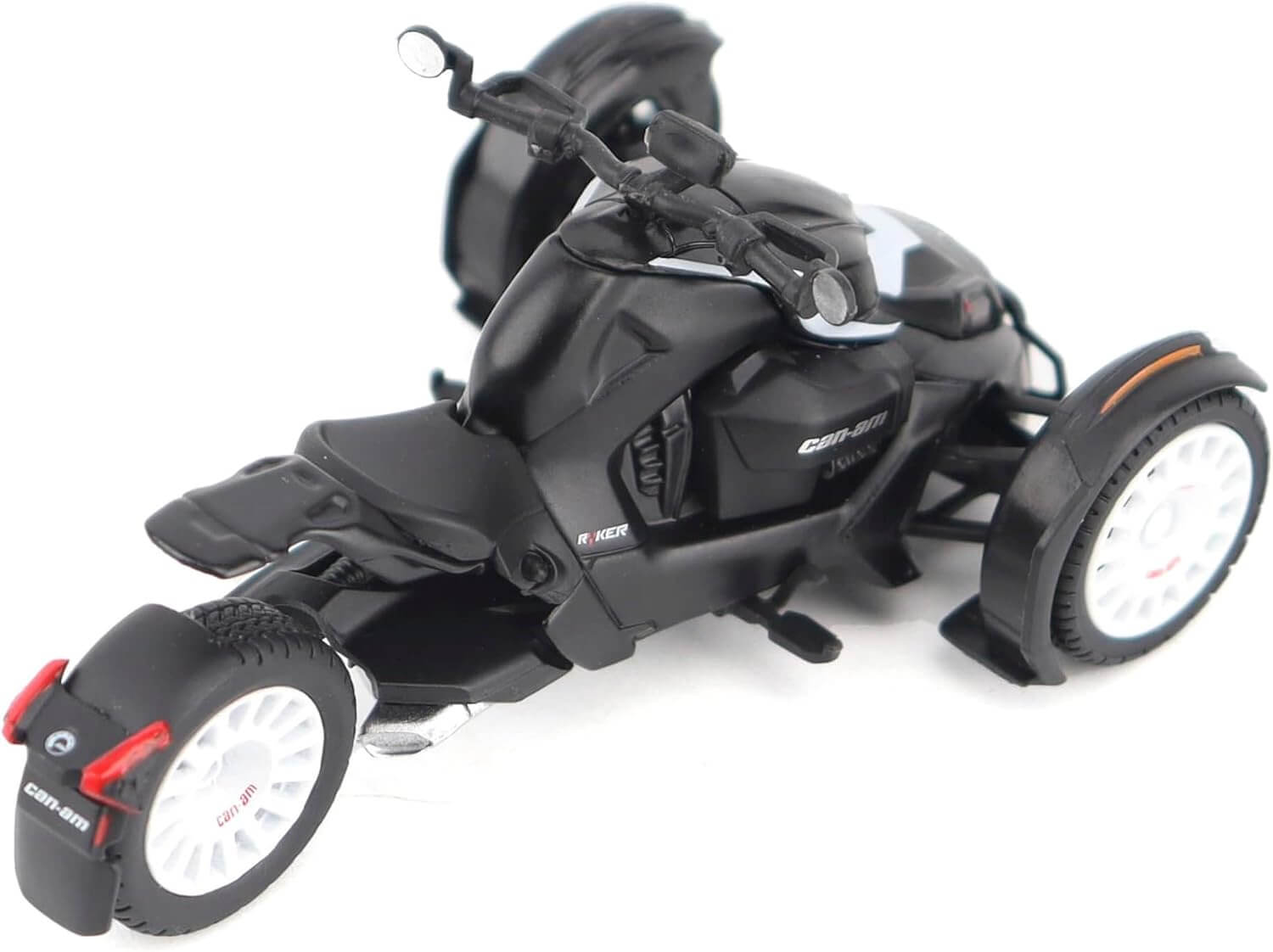 Black three-wheeled vehicle model on a white background