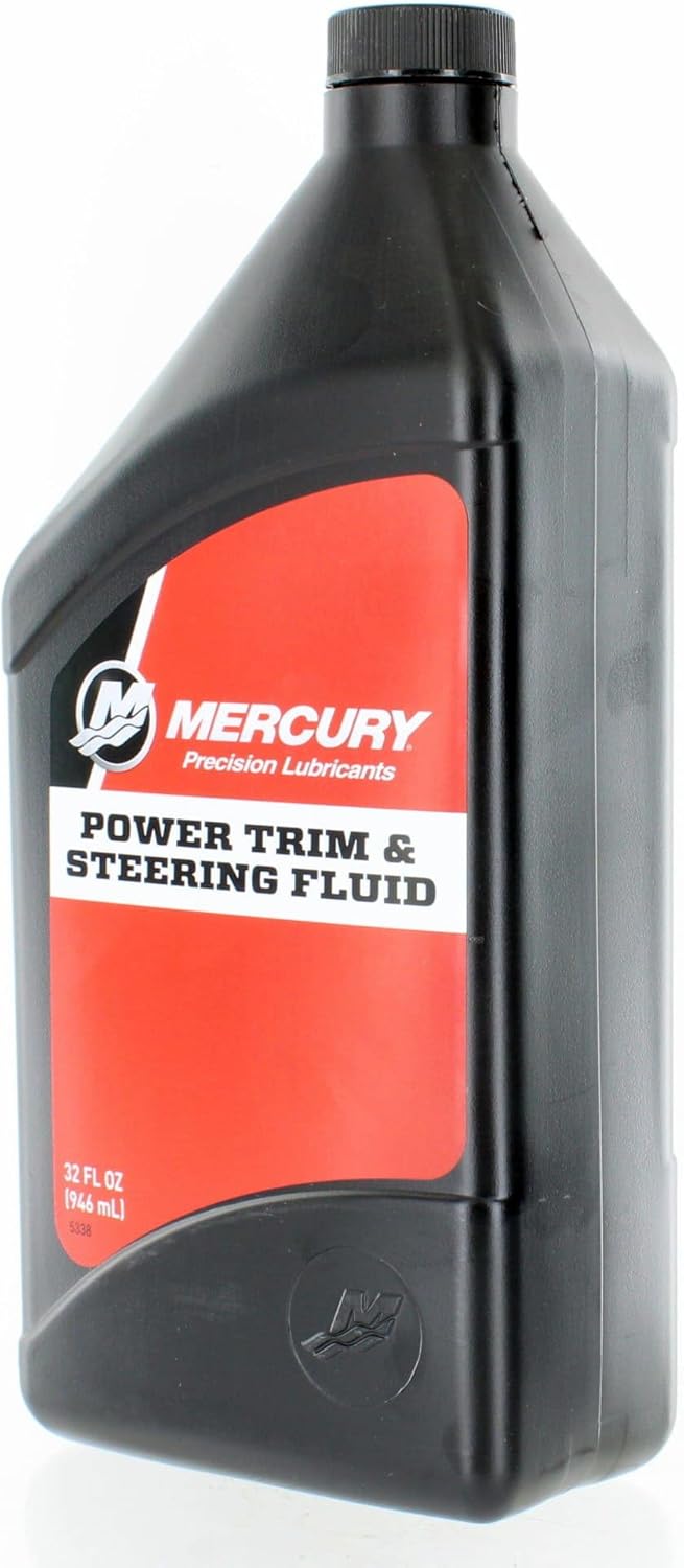 Mercury power trim and steering fluid bottle on a white background