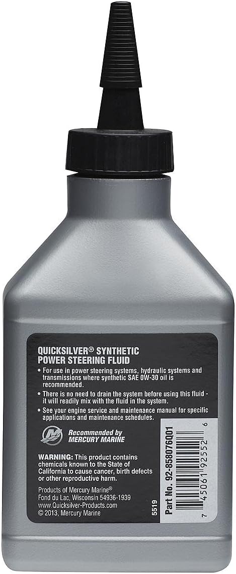 Quicksilver Power Steering 0W-30 Synthetic Power Steering Fluid 8oz bottle rear view