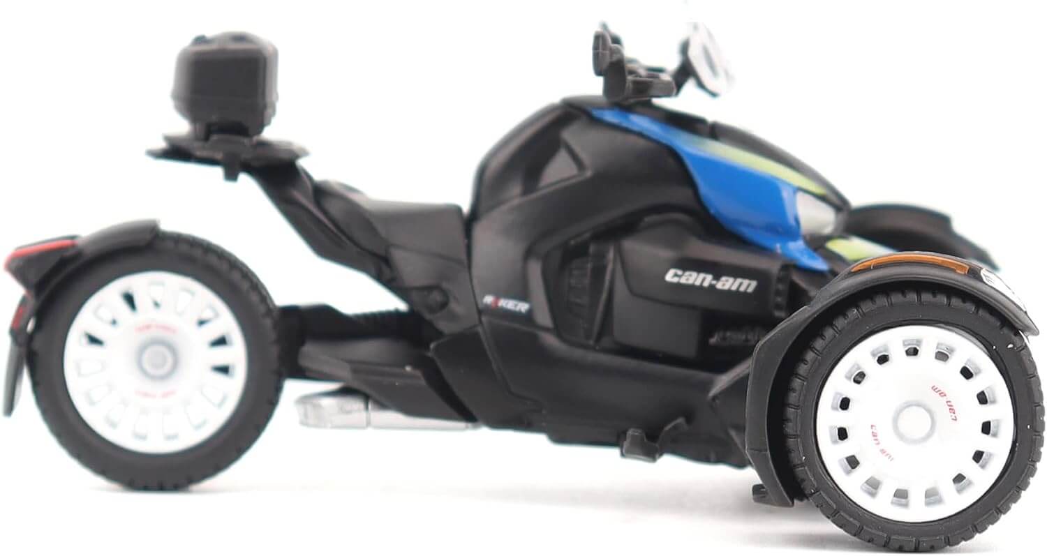 Black and blue three-wheeled model  vehicle with 'Can-Am' branding on a white background
