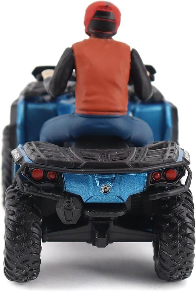 Model of a person riding a blue ATV on a white background