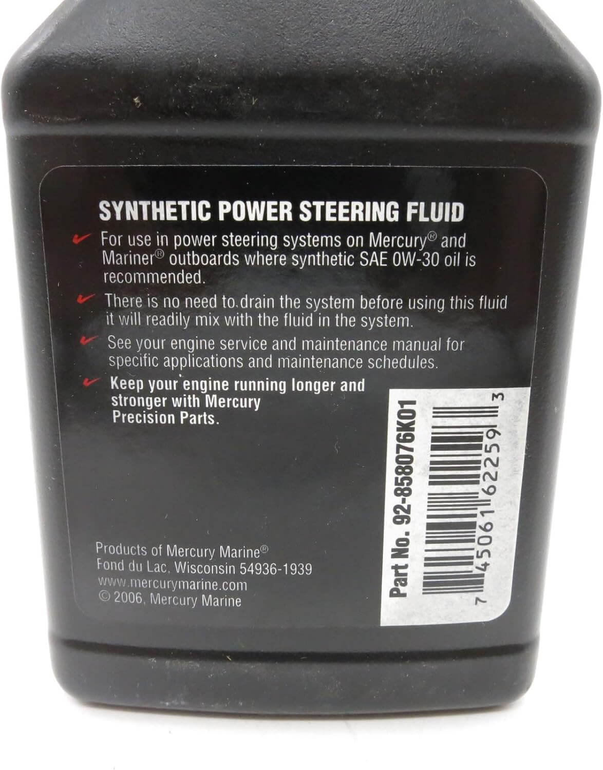 Mercury Marine Power Steering 0W-30 Full Synthetic Fluid 8 oz in box rear view