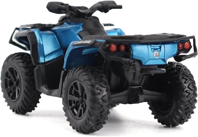 Blue and black toy ATV on a white background
