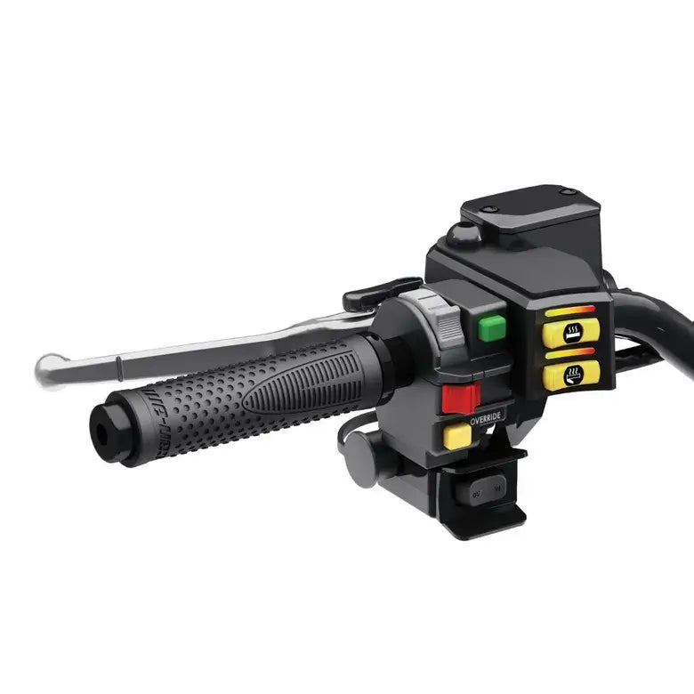 Black ATV handlebar control unit with colorful buttons on a white background