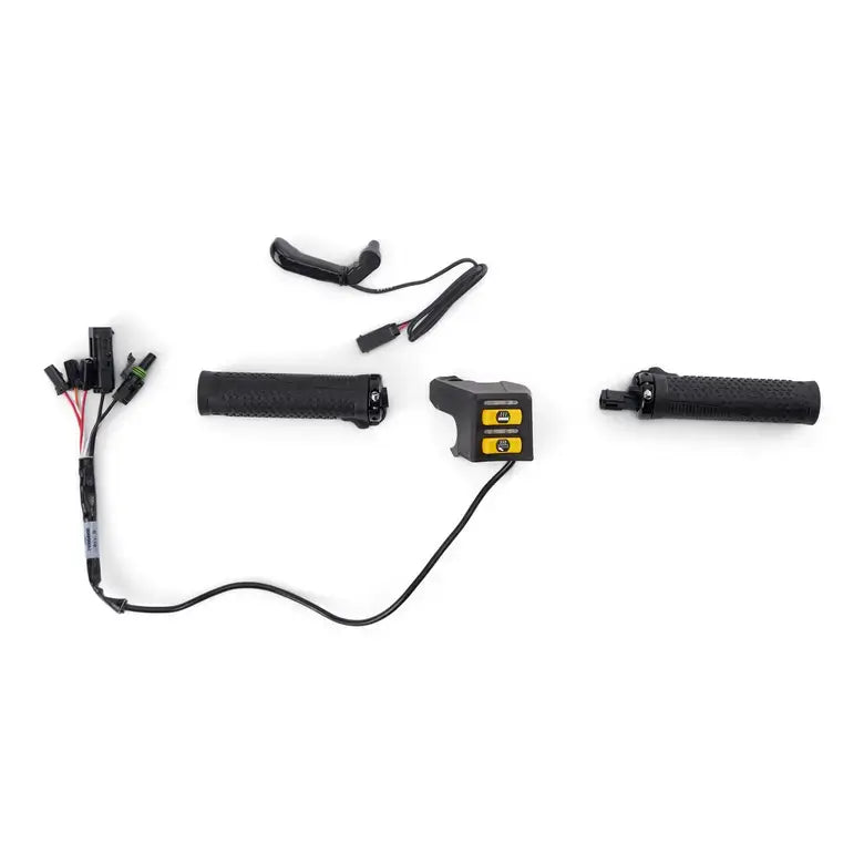 ATV handlebar components including grips and switch on a white background