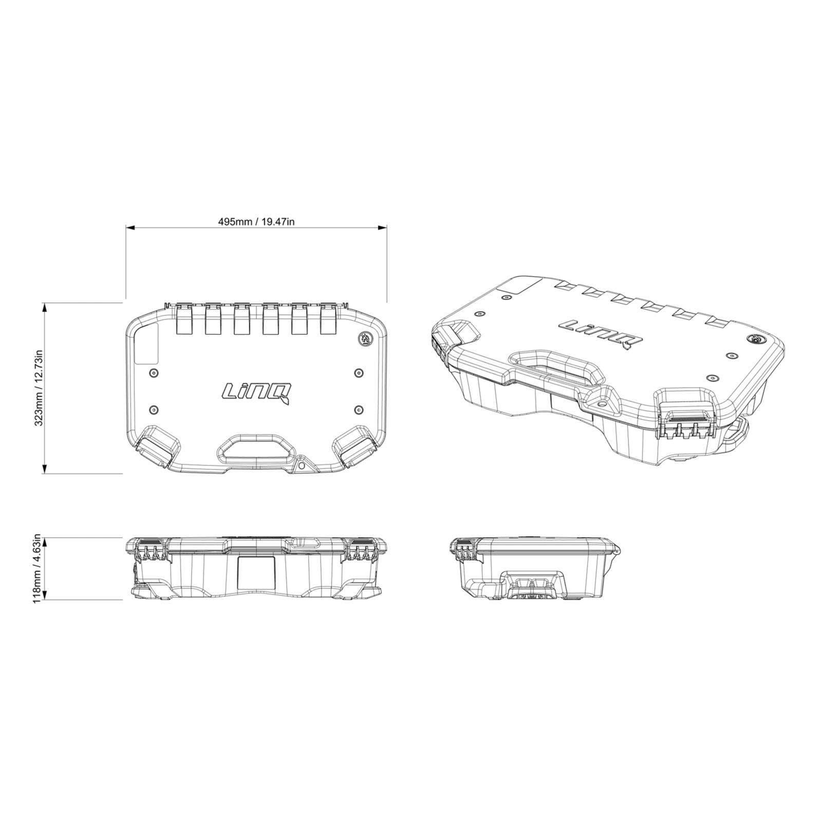 Ski-Doo LinQ 10L modular cargo box dimensions diagram with multiple views and measurements