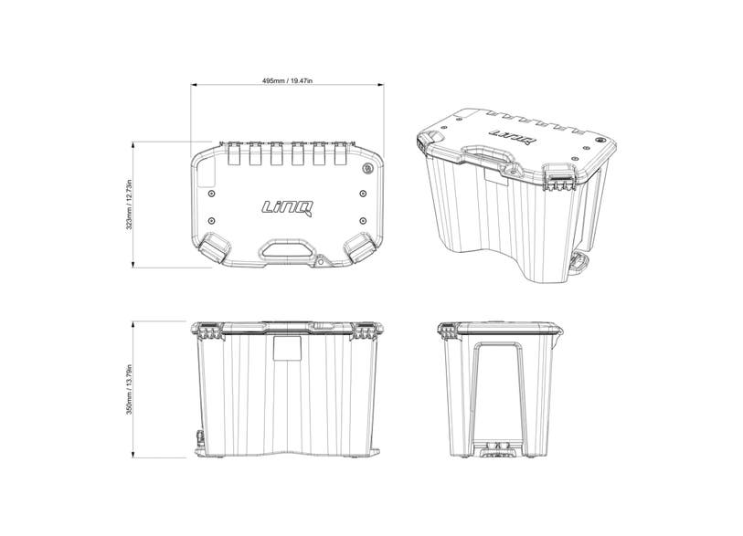 Can-Am LinQ 30L cargo box technical dimension diagram, front side and top views