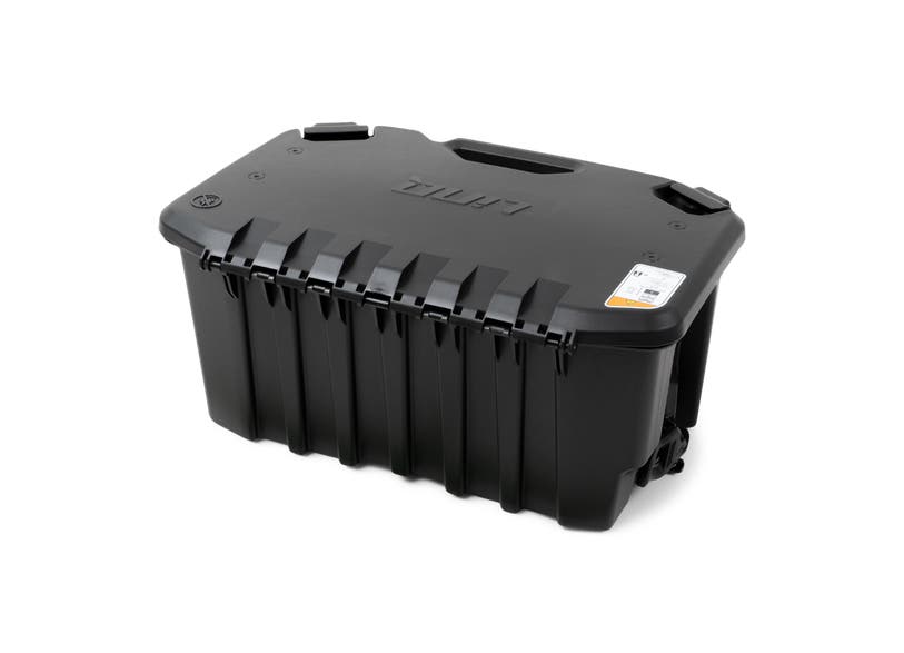 Black Can-Am LinQ 20L modular cargo box with latching lid, angled view