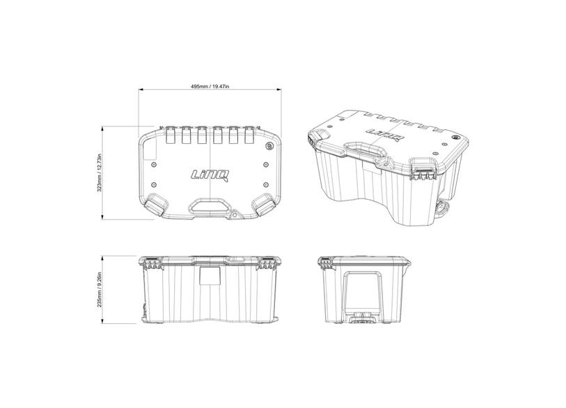 Can-Am LinQ 20L modular cargo box dimensions diagram with top, side and 3D views