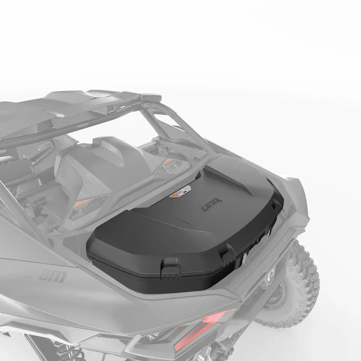 Black storage box attached to a UTV on a white background