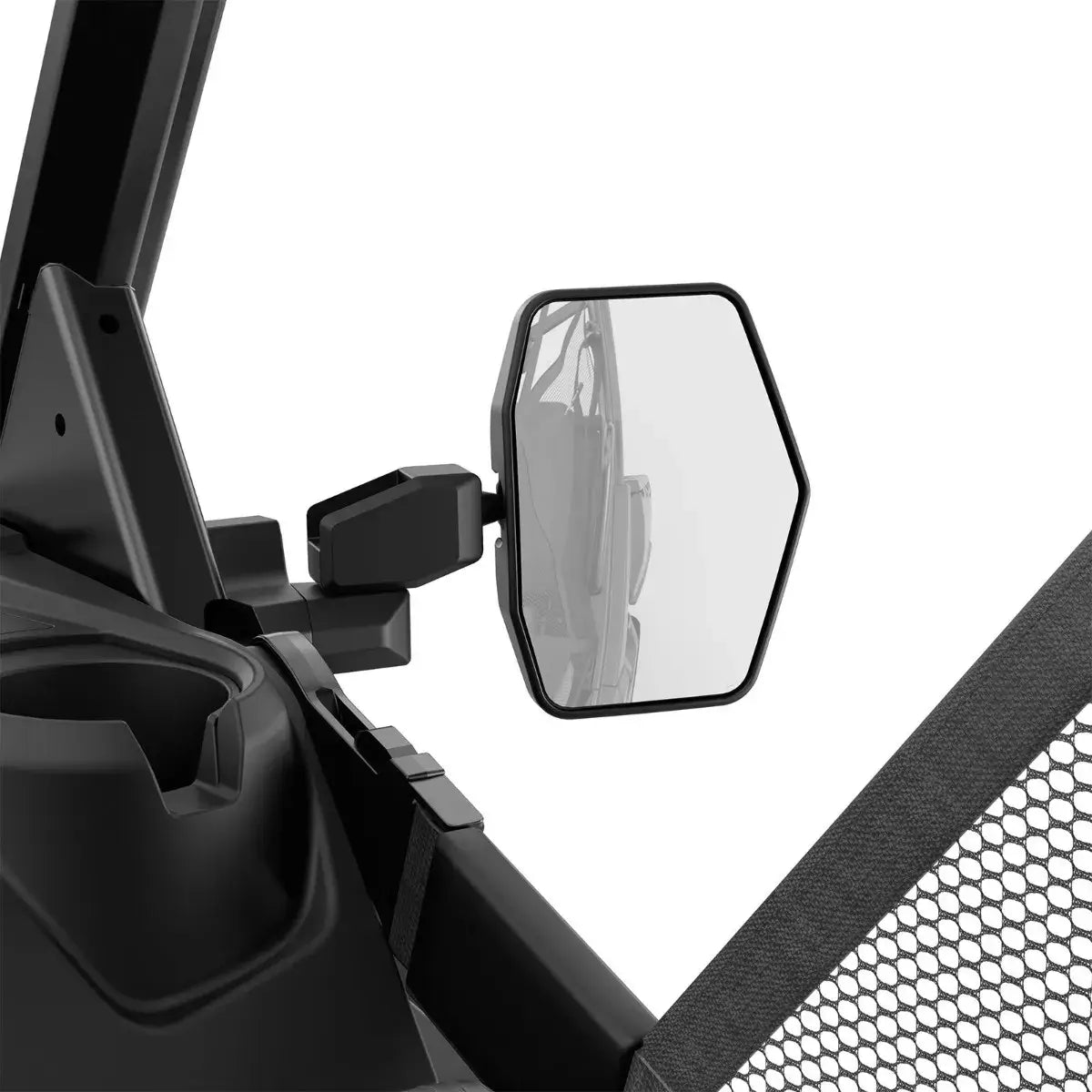 Side view mirror attached to a vehicle on a white background