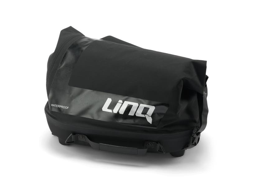 Black waterproof LinQ 40L roll-top bag with mounting base, Ski-Doo Can-Am accessory