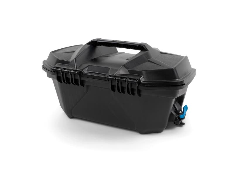 Ski-Doo/Can-Am LinQ 19L tool box in black, side view with latch handle and clips
