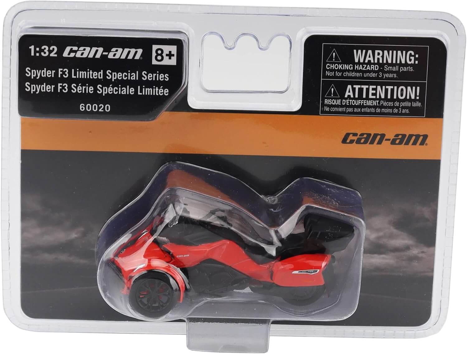 Can-Am Spyder F3 model motorcycle in packaging with warning label