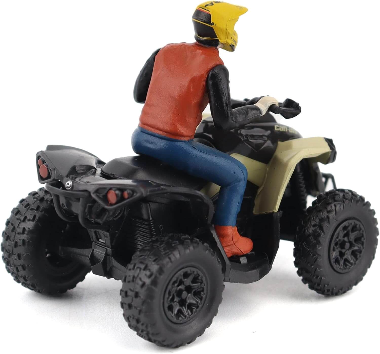 Model of a person riding an ATV with a helmet on a white background