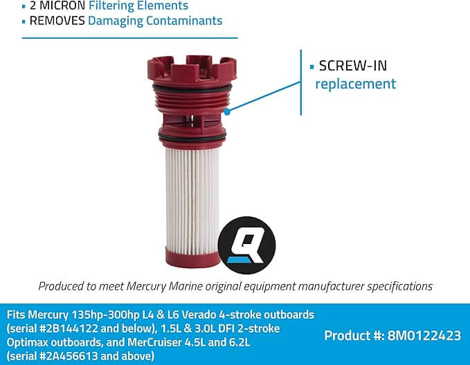 Mercury Marine outboard filter replacement with text on features and compatibility.