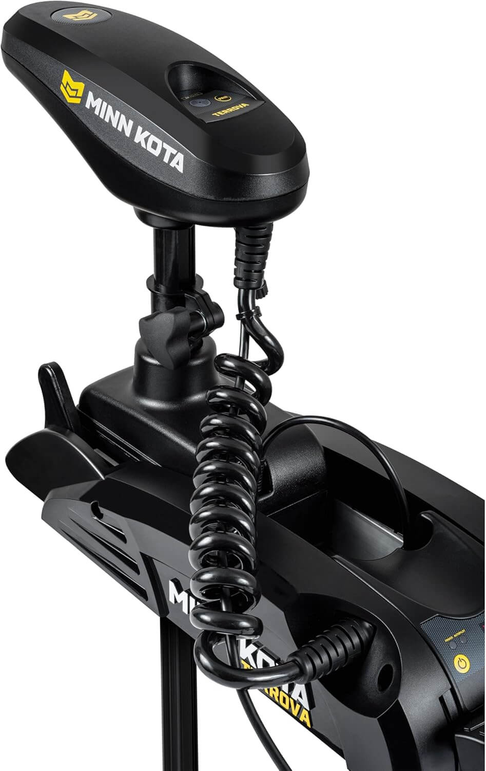 Minn Kota Terrova bow mount trolling motor head close-up with coiled cable and foot pedal connection