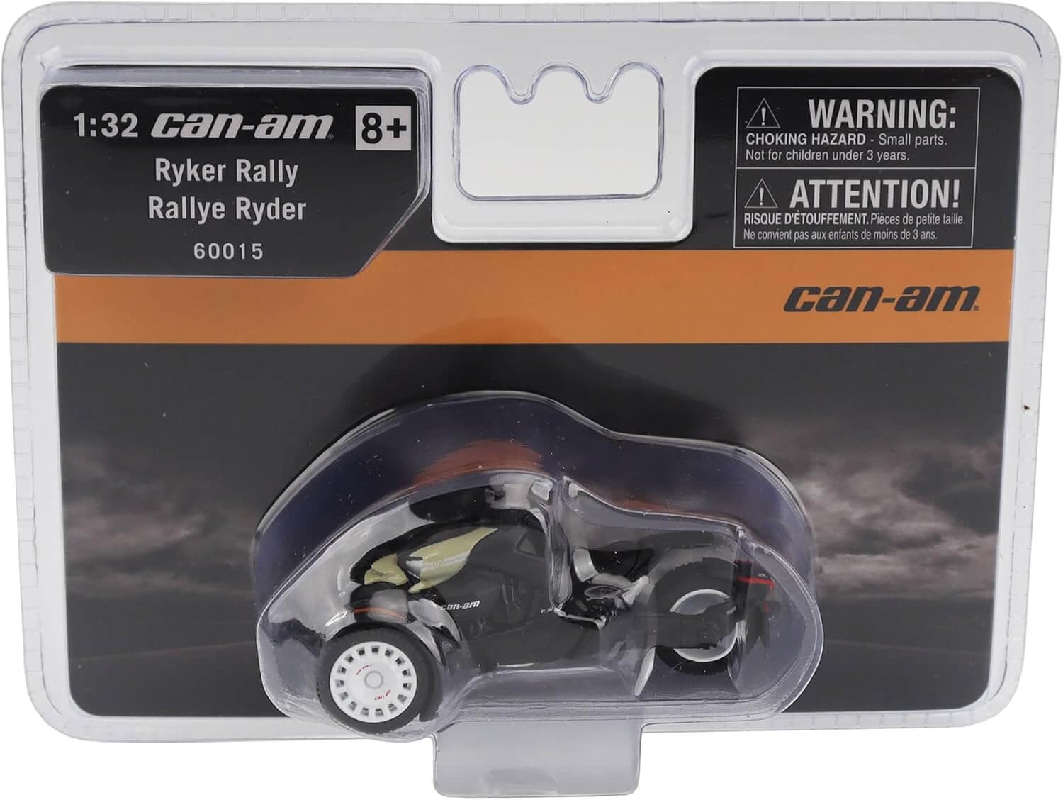 Can-Am Ryker Rally toy vehicle in packaging with warning label