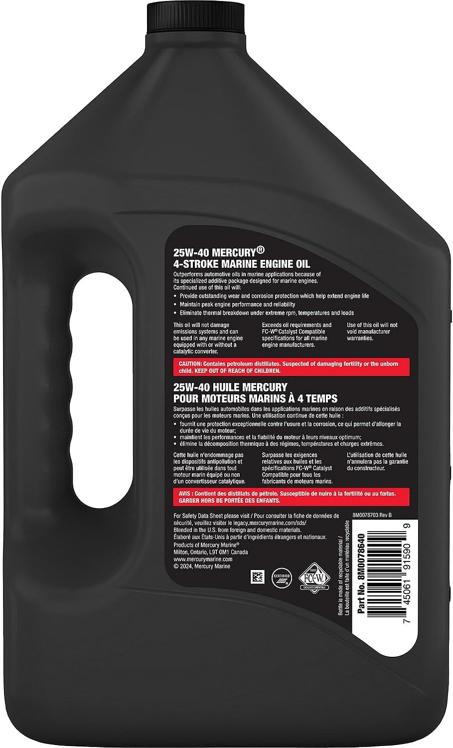 Mercury Marine 25W-40 4-Stroke Marine Engine Oil jug back label with product details