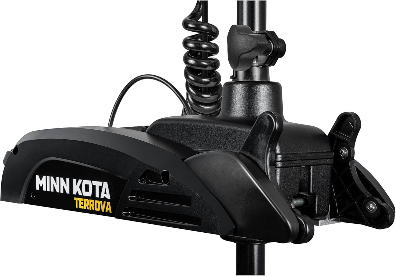 Minn Kota Terrova bow mount trolling motor head close-up showing motor housing and mounting bracket