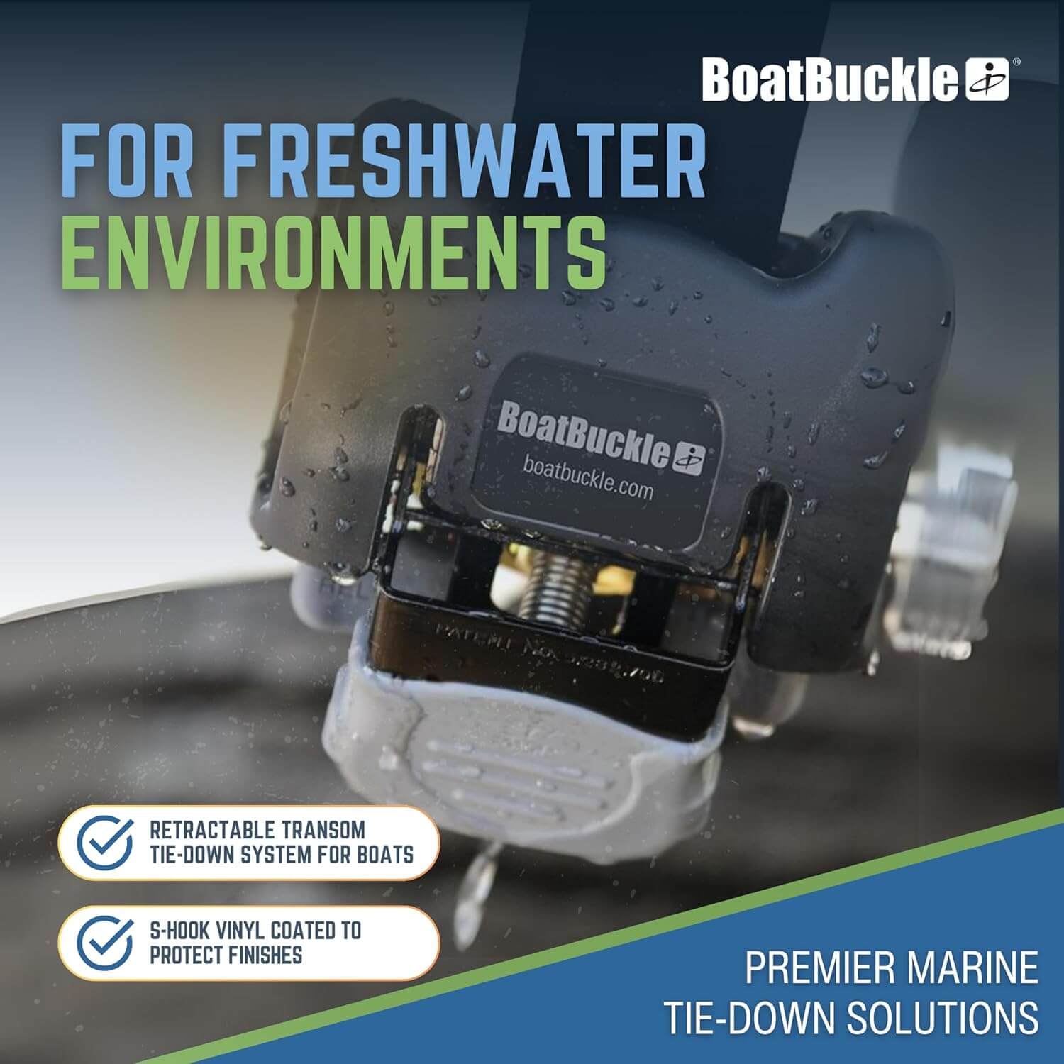 BoatBuckle tie-down system for freshwater environments with product details.