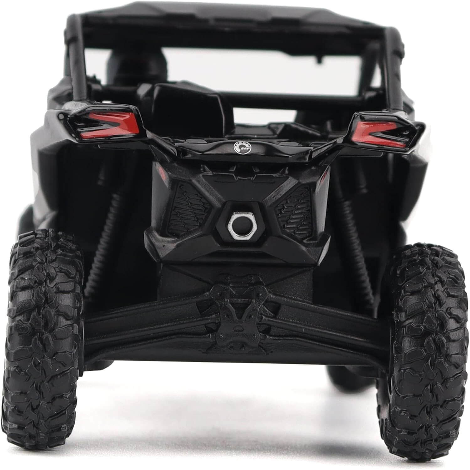 Black off-road vehicle with red accents on a white background