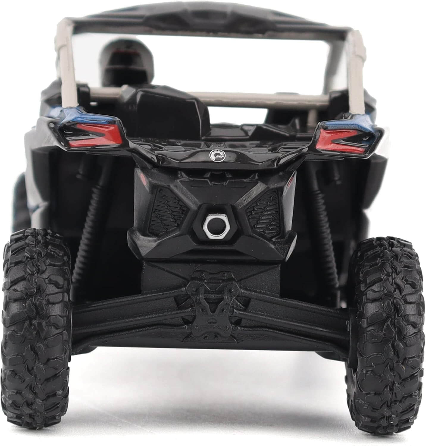 Black off-road model vehicle with red accents on a white background