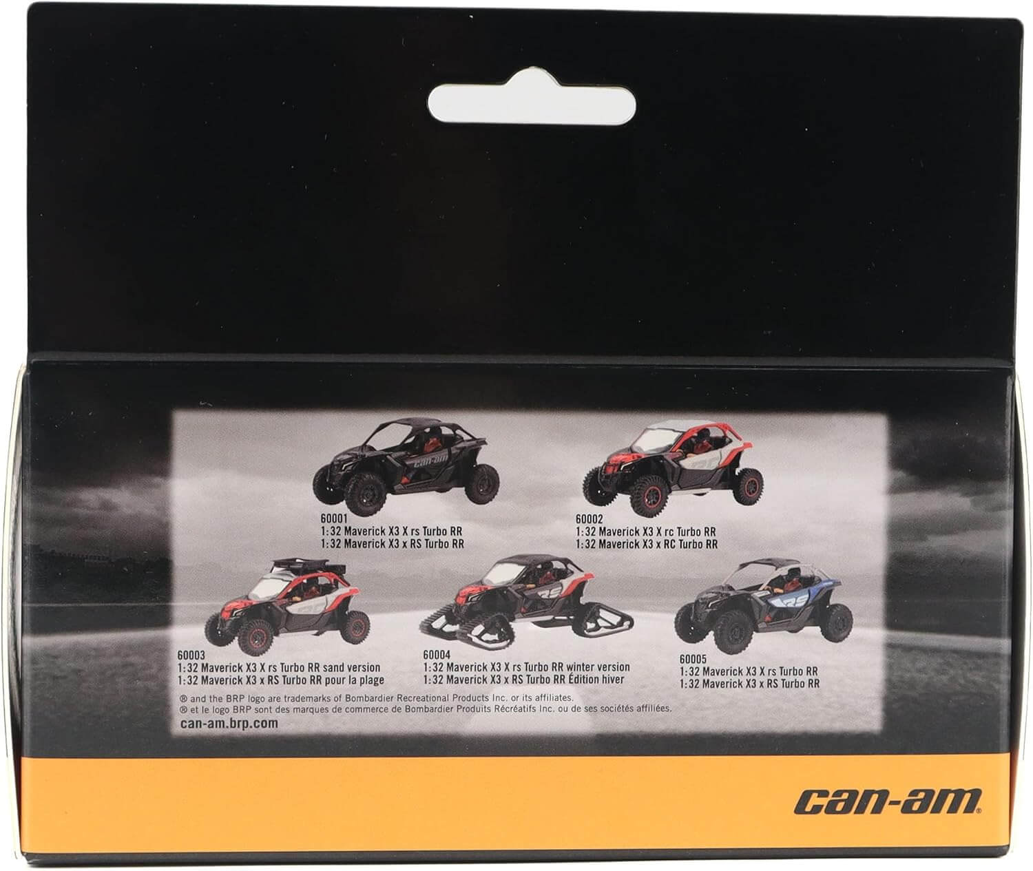 Can-Am vehicle packaging with model illustrations on a black background
