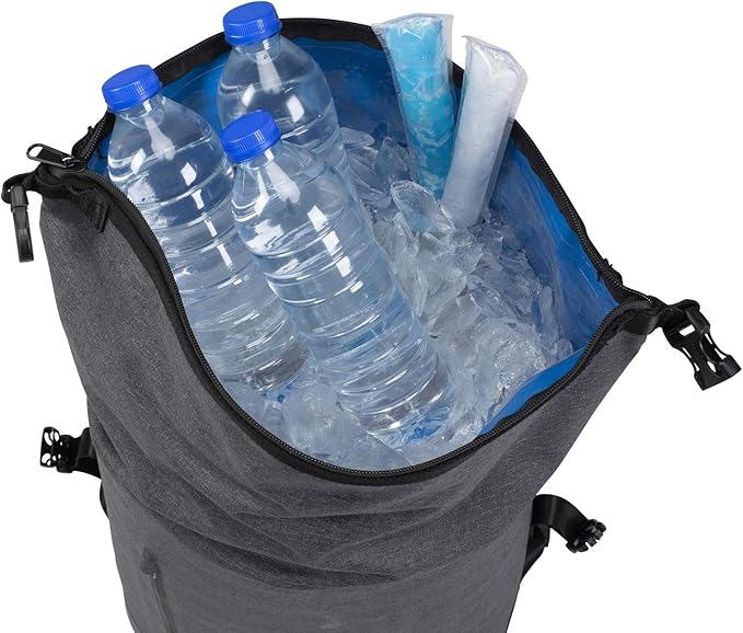 Gray cooler bag with water bottles and ice cubes on a white background