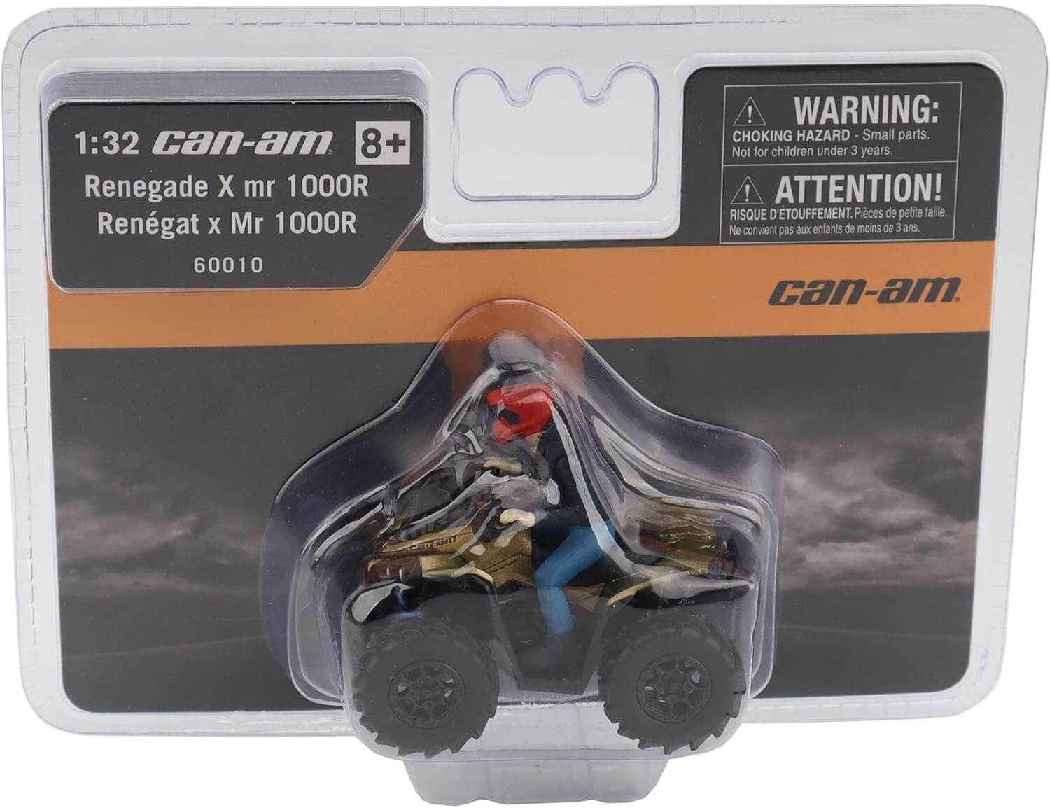 Model of a Can-Am Renegade X mr 1000R toy in packaging with warning label.