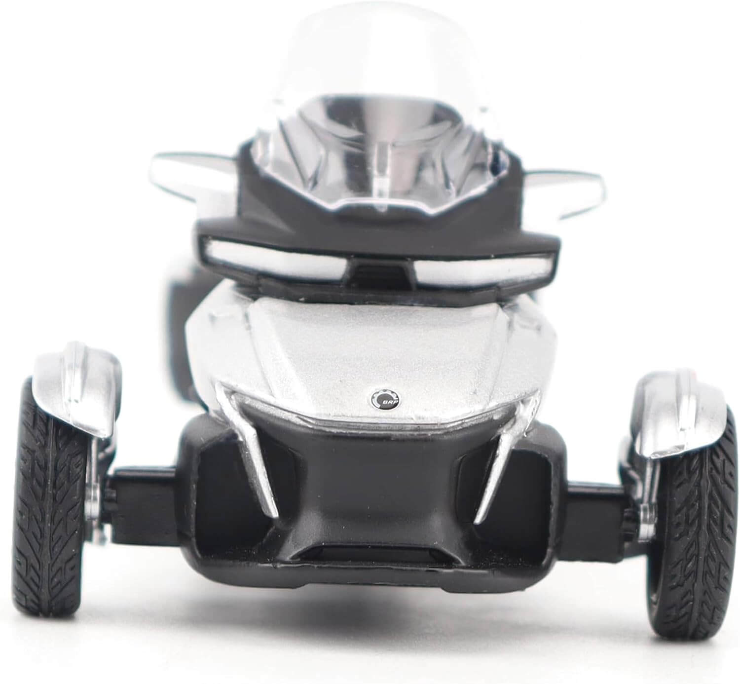Black and silver four-wheeled model vehicle on a white background