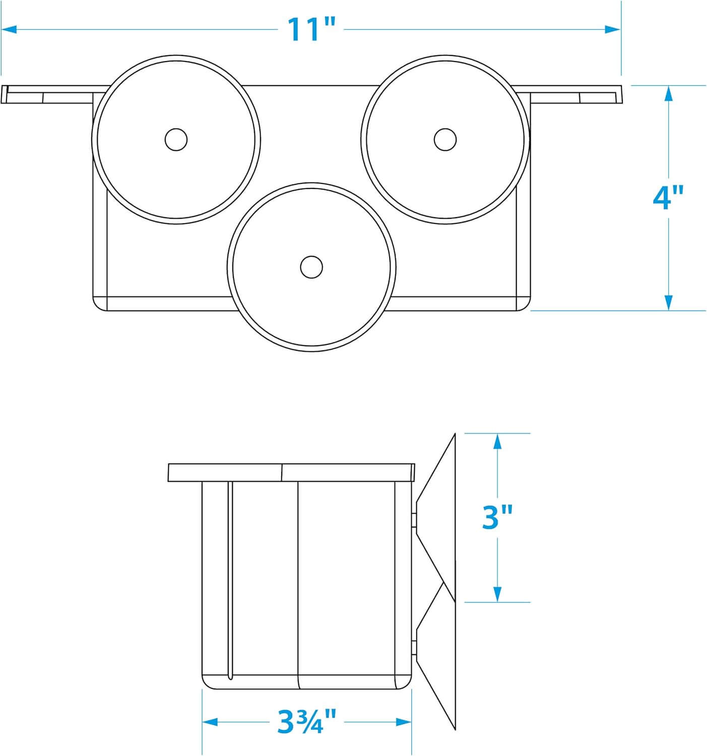 Seachoice cockpit organizer dimensions diagram 11x4 inch three cup holder tray with 3-3/4 inch depth