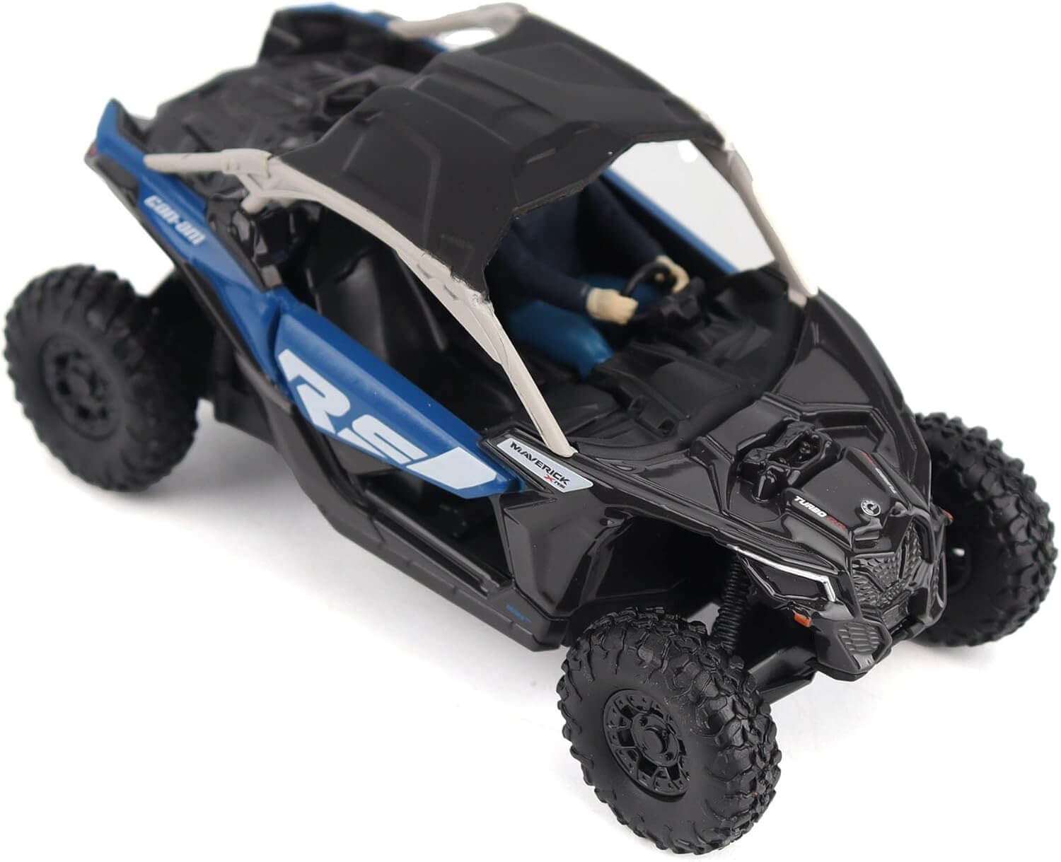 Model of a black and blue off-road vehicle on a white background