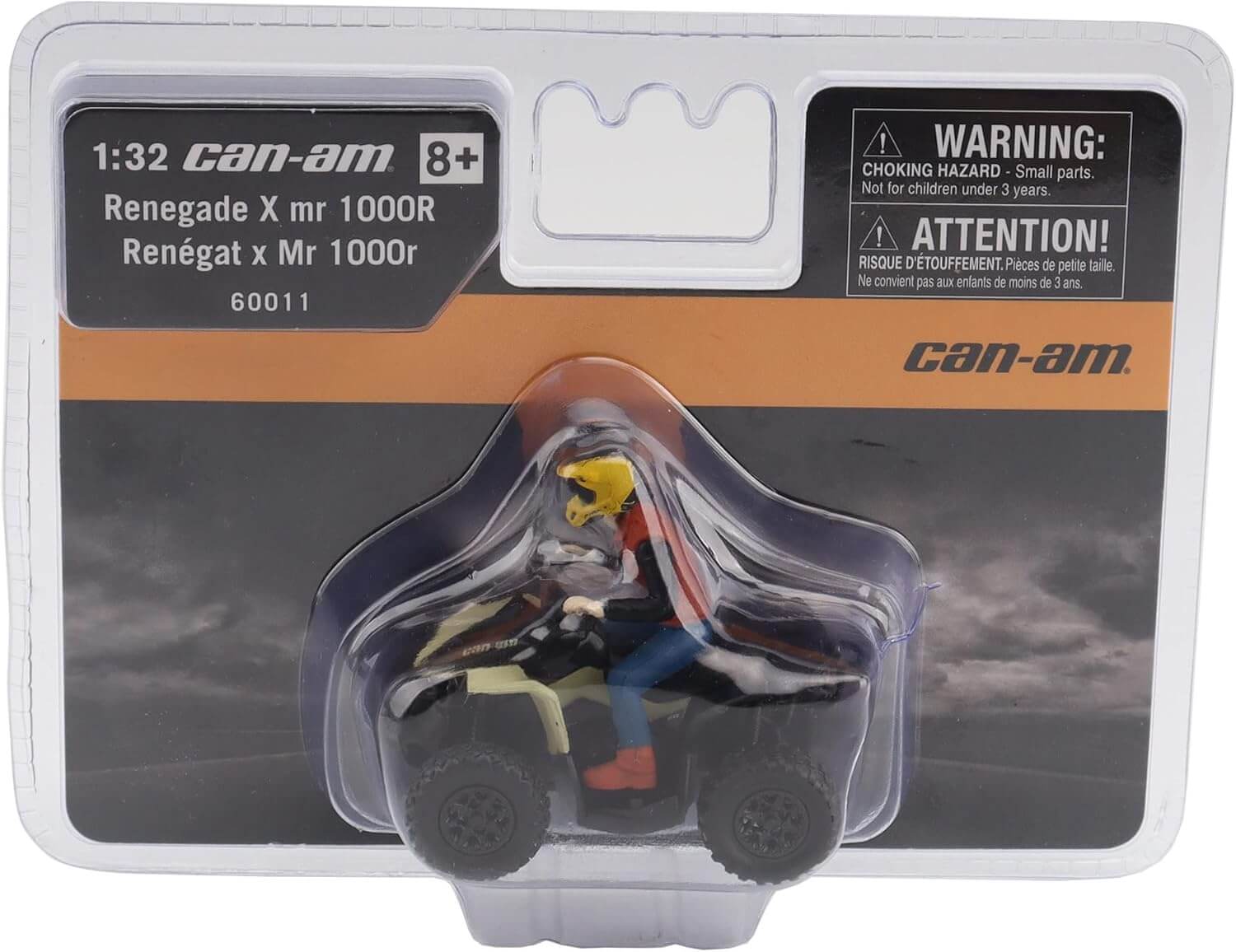 Model of a Can-Am Renegade X mr 1000R toy in packaging with warning label.