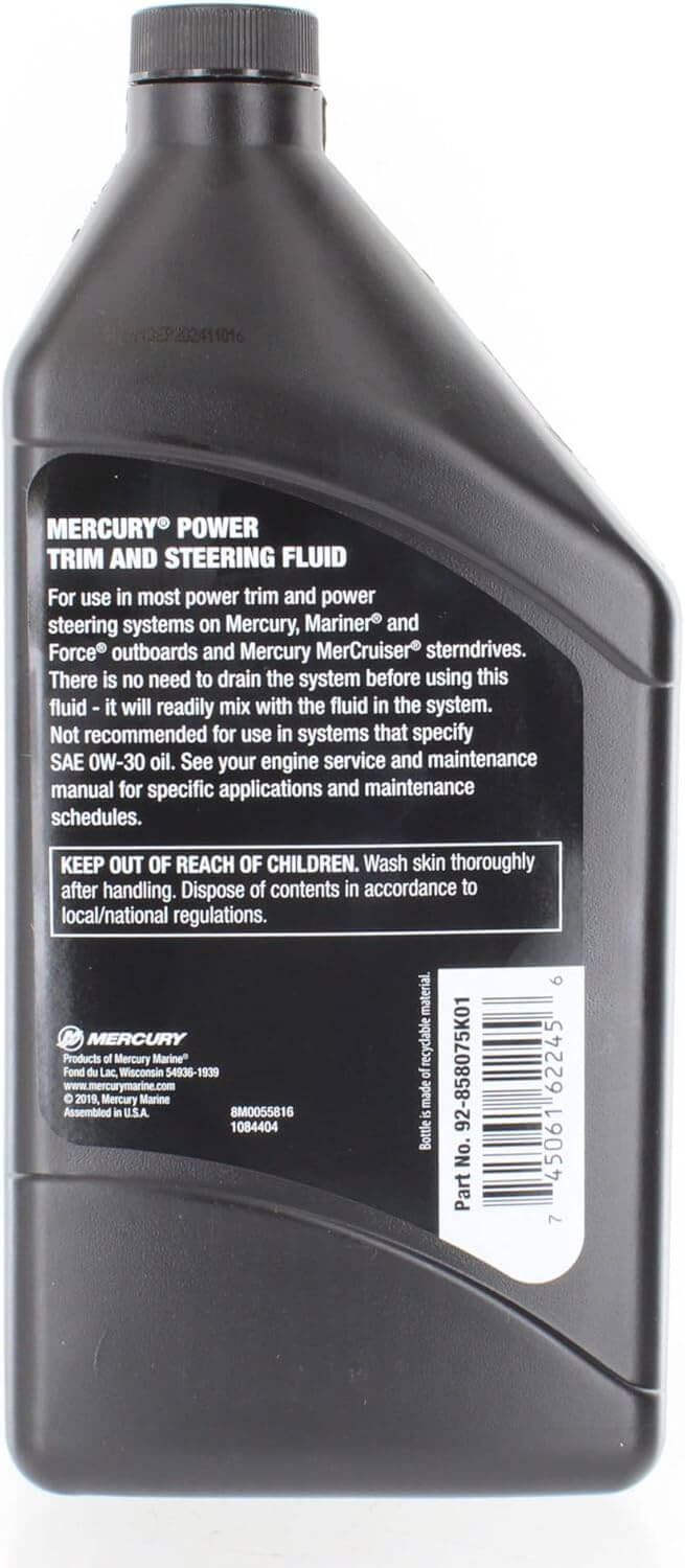 Mercury power trim and steering fluid bottle with label
