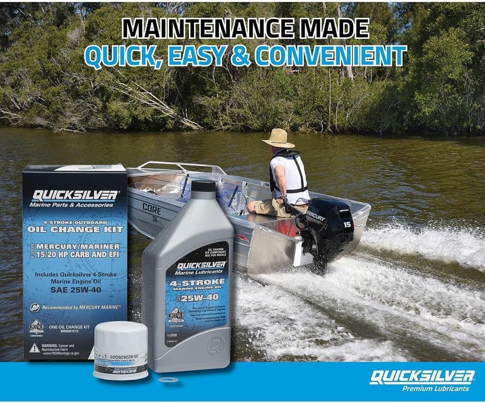Quicksilver 25W-40 Oil Change Kit for 4-Stroke 15hp and 20hp info card